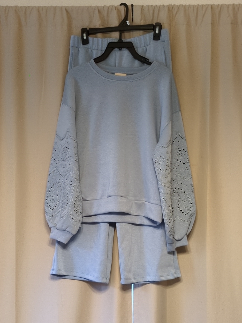 Light Blue Eyelet Sleeve Sweatshirt & Pant Set